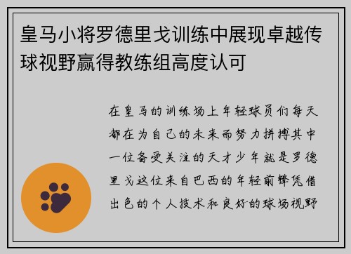 皇马小将罗德里戈训练中展现卓越传球视野赢得教练组高度认可